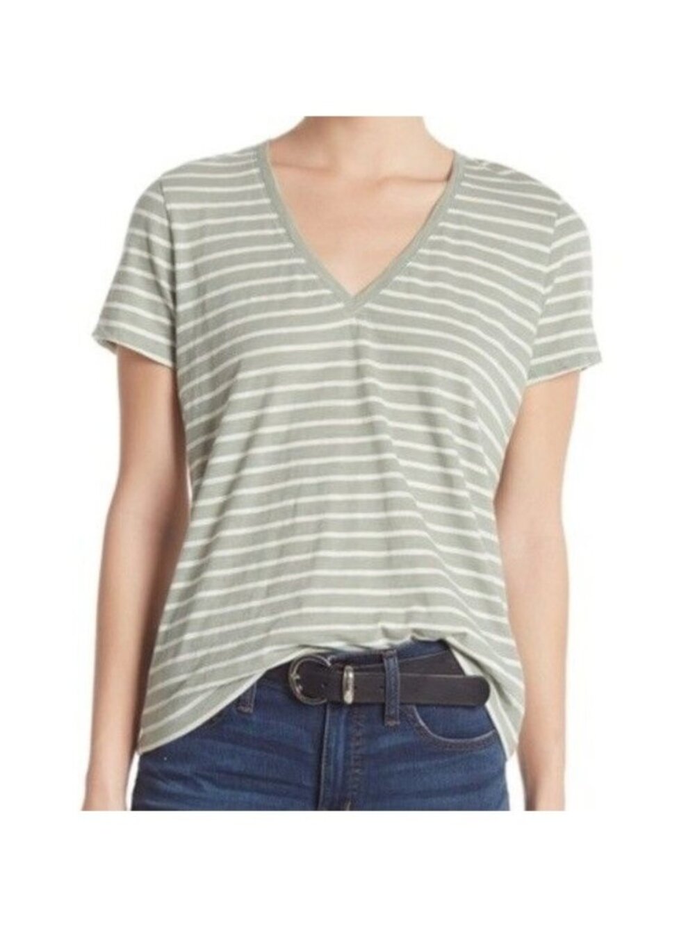 Madewell Light Green & Ivory Striped V-Neck Cotton T-Shirt